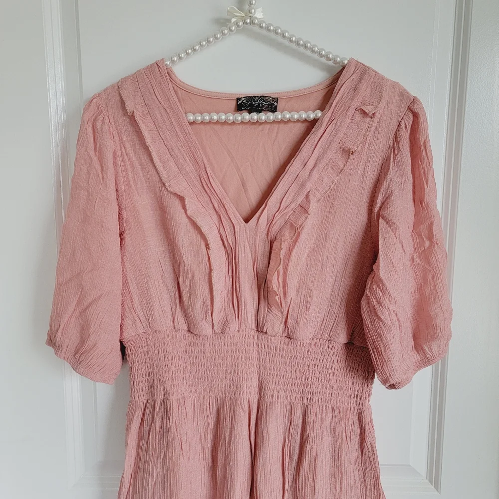 *Host Pick* Coral Peach V-Neck Balloon Sleeve Casual Mini Dress Sz Petite XL - Picture 5 of 10